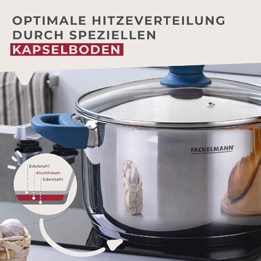 Каструля Fackelmann Essential з нержавіючої сталі з ергономічною ручкою Bakelite та літражним позначенням – підходить для всіх типів плит, синього кольору (з кришкою, 24 см)