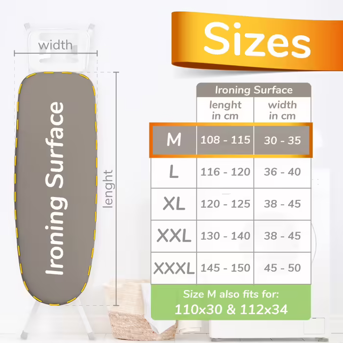 Чохол для прасувальної дошки Super Soft, 5 шарів, 110x30 см, переможець тесту з Німеччини, бавовняна підкладка ÖKOTEX, швидке прасування з терморефлексією, 5 розмірів, EasyFit+затискач, блакитно-сірий, M (108-115x30-35 см)