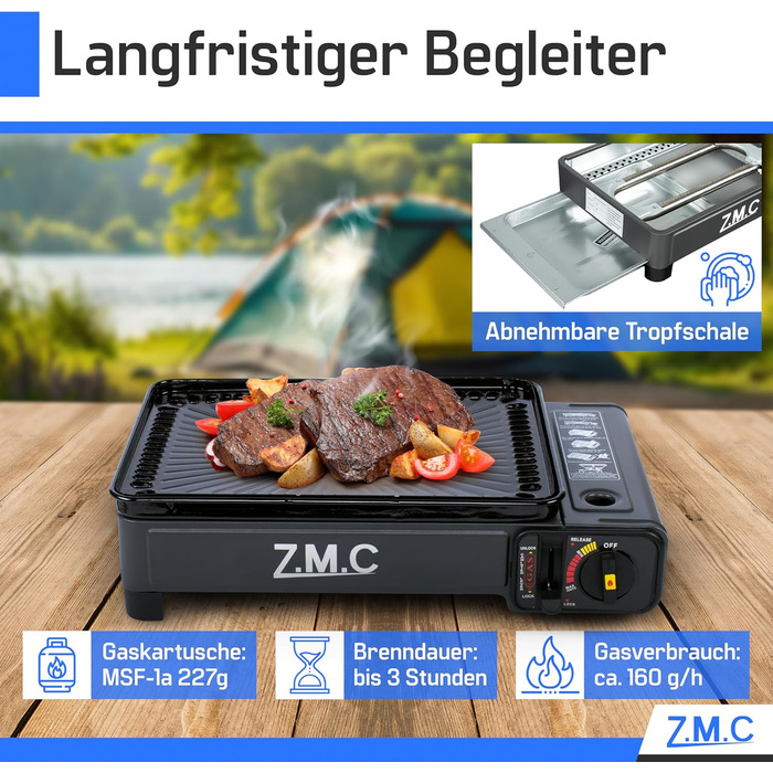 Z.M.C. 2-в-1 газовий набір для кемпінгу: плита та гриль з аксесуарами та кейсом. Газовий гриль та плита з пьезозапалюванням, 2.2kW, LPG-підключення