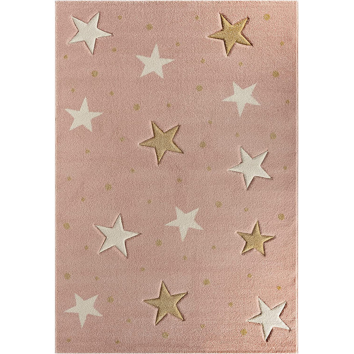 Дитячий м'який зірчастий килим the carpet Moonde, дитячий килим з ефектом зоряного неба, з ефектом високої глибини, легкий у догляді, стійкий до фарбування, Зоряний, Рожевий, (160 х 220 см, рожеві зірки)