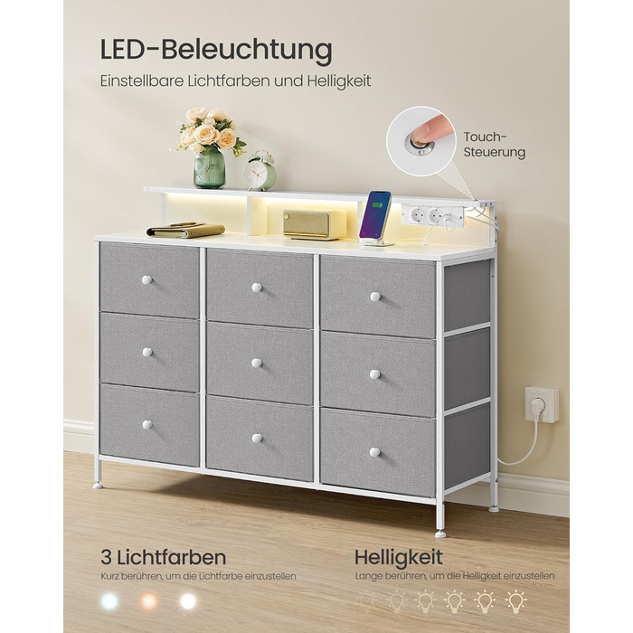 SONGMICS Комод з 9 висувними ящиками та LED-підсвічуванням, з розеткою, сталевий каркас, 33,5 x 114 x 84 см, для спальні/вітальні (Таунгrau)