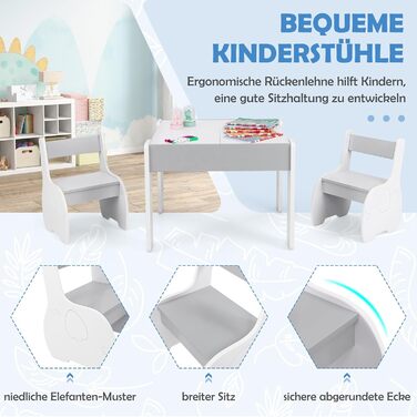 Дерев'яний дитячий стіл з 2 стільцями DREAMADE, 3-х частинний набір меблів для дітей, стіл з двосторонньою поверхнею та місцем для зберігання, набір меблів для хлопчиків та дівчаток (білий, світло-сірий)