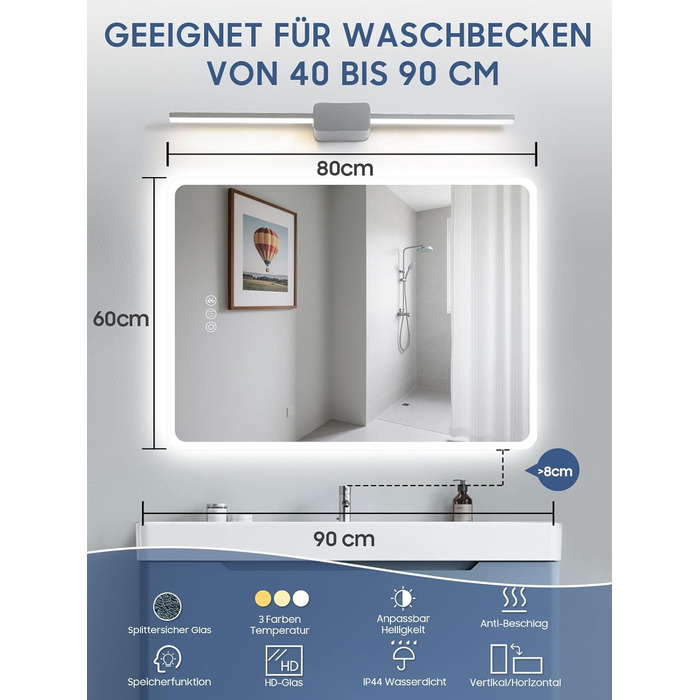 Дзеркало для ванної кімнати Habison з підсвічуванням, Bluetooth, 60x80 см, LED, протитуманне, 3 режими, диммування, IP44