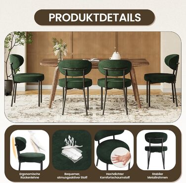 Обідні стільці COLAMY з м'яким сидінням 10 см – Сучасні крісла з плюшевої тканини Teddy, з міцним металевим каркасом – для кухні та вітальні, білий (зелений, набір 2 шт)