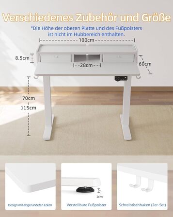 Електричний регульований стіл YIHAYO 120x60 см з ящиками та підставкою для монітора, функція пам'яті, білий каркас/біла поверхня