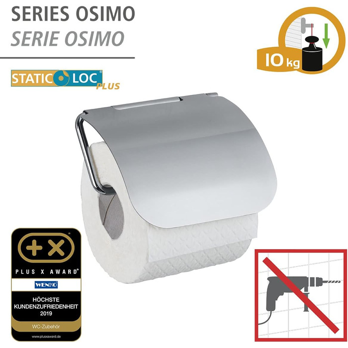 Тримач для туалетного паперу WENKO Static-Loc Plus з кришкою Osimo, тримач для туалетного паперу, кріплення без свердління, надійна фіксація за рахунок статичної адгезії на гладких, герметичних поверхнях, 13 х 13,5 х 3 см