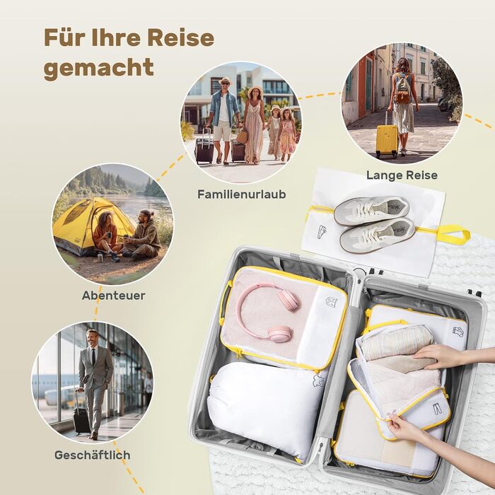 Набір компресійних органайзерів для подорожей та валіз 8 предметів, сумки-пакувальники для одягу в рюкзак, лимонно-жовті