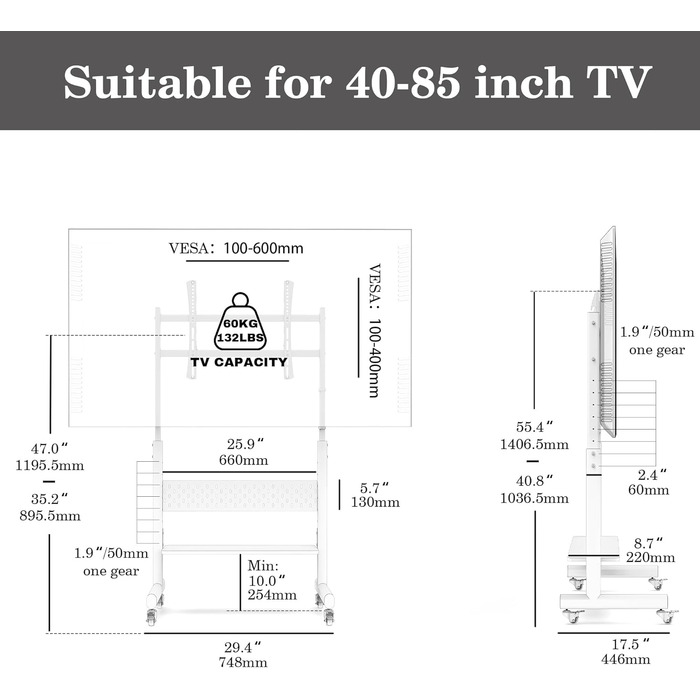 Підставка для телевізора FITUEYES на колесах, регульована по висоті, для 40-85 дюймів, VESA 600x400, 60 кг, бежева