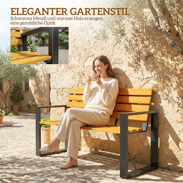 Двомісна лавочка для саду Gartenbank: міцна, стійка до погодних умов дерев'яна лавочка з ламелевою конструкцією та підлокітниками. Максимальне навантаження до 240 кг. Виготовлена з натурального дерева.