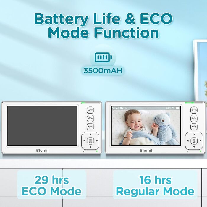 Відеоняня Blemil з 2 камерами, 4.3'' IPS монітором Split-Screen, зумом 2X та акумулятором на 29 годин, функція повороту та нахилу (без Wi-Fi)