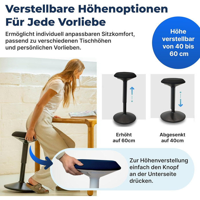 Ергономічний офісний стілець-хокер з регулюванням висоти та ефектом балансування, синій (40-60 см) - найкращий вибір для офісу та стоячої роботи