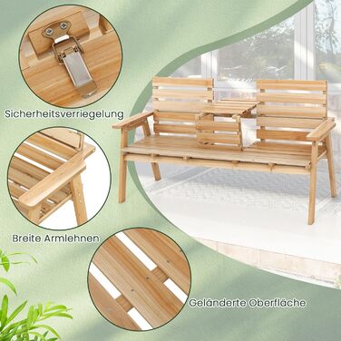 Лавка для саду COSTWAY з журнальним столиком, дерев'яна лавка на 2-3 особи, міцна лавка для тераси, балкону та саду, до 320 кг, 160 x 64 x 86 см, колір: натуральний