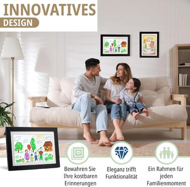 Рамки для дитячих малюнків KIYARI A4, 2 шт. (білі) + 2 шт. (чорні). Набір для зберігання 150 малюнків. Міцне дерево, безпечне скло, ідеально для школи, дитячої кімнати та творчих проєктів.