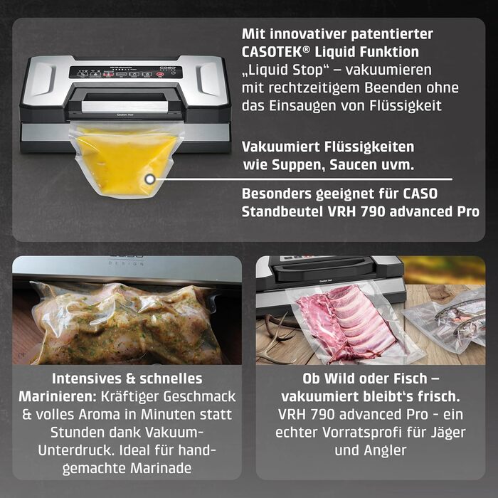 Вакууматор CASO VRH 790 advanced Pro з функцією CASOTEK Liquid, подвійним швом та набором пакетів, професійний вакуумний пакувальник