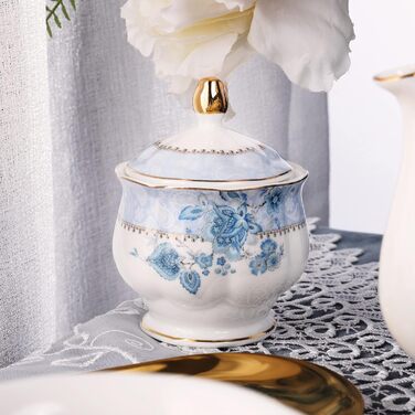 Набір чаю Fanquare Blue Floral Porcelain на 6 осіб, включаючи чайник, цукорницю та глечик для вершків