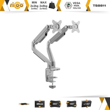 Підставка для монітора RICOO 2 монітори TS3911 з газовою пружиною, регулювання висоти, VESA 75x75/100x100, для моніторів 17-32 дюймів