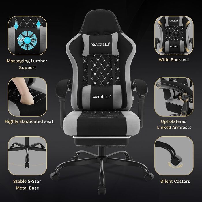 Ігровий крісло WOLTU з масажем, комп'ютерне ергономічне крісло, кишенькові пружинні подушки, поперекова масаж, підголовник, підніжка, поворотне крісло, 150 кг, Рожевий+Білий (Чорний+сірий, сітчаста тканина)