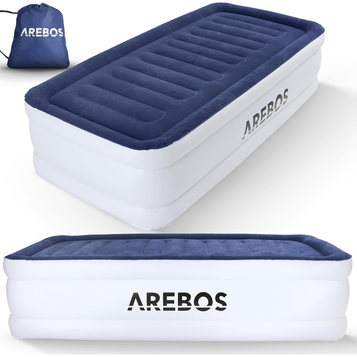 Надувний матрац Arebos | Самостійно надувний матрац 203 × 95 × 51 см для 1 особи | Гостьовий матрац з електричним насосом | Надувний матрац з сумкою для транспортування для кемпінгу/до дому | (Синій/Білий)