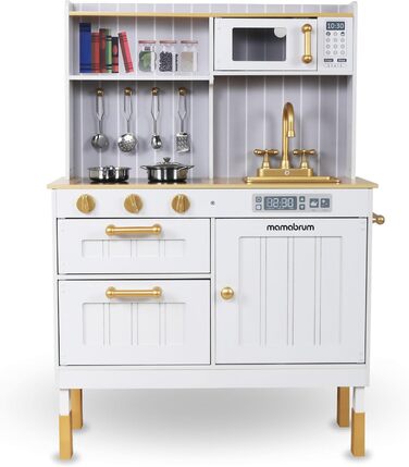 Дерев'яна дитяча кухня Mamabrum з LED-підсвічуванням - іграшковий кухонний набір з висотою, що регулюється, з приготуванням кубиків льоду, мікрохвильовою піччю, плитою та посудомийною машиною - іграшка для дітей від 3 років (Білий)