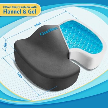 Подушка для офісного крісла CloudBliss з гелевим наповнювачем, Memory Foam, велюровий чохол, для підтримки попереку, профілактики болю в спині, суглобах, для офісу, авто, інвалідного візка (сіра)
