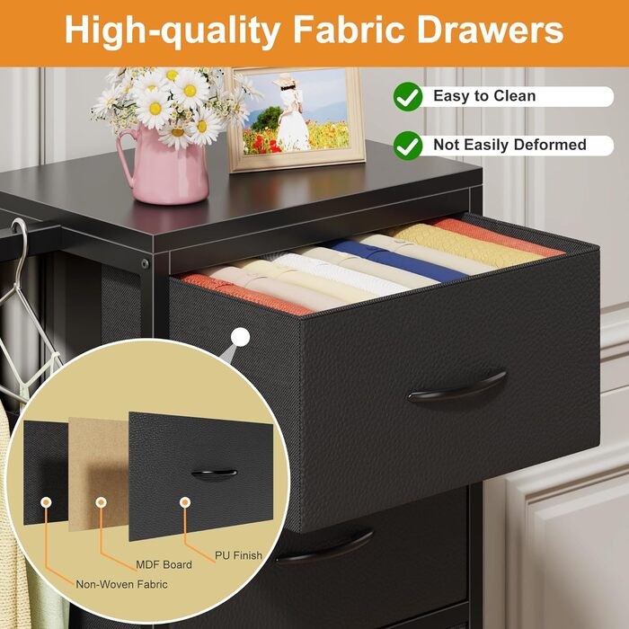 Комод 111 см з 4 висувними ящиками з тканини, шафа для одягу, комод для спальні, вітальні, коридору, чорний (30T x 76.5B x 111H см)