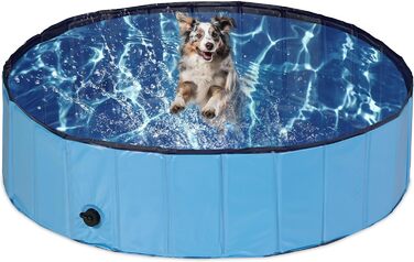 Басейн для собак Relaxdays, В x Г 30 x 120 см, складний, зі зливним клапаном, дитячий басейн для собак для охолодження, ПВХ і МДФ, синій