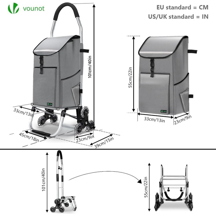 Візок для покупців VOUNOT Aluminium Stair Climber, 3 в 1, складаний , 6 коліс, охолоджувальний відсік, 45 л, сірий