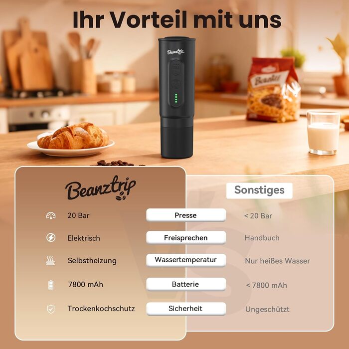 Портативна кавомашина BeanzTrip H02 PRO з акумулятором, 2-в-1: для капсул та меленої кави, 20 Bar, USB-C, для подорожей, кемпінгу, чорна