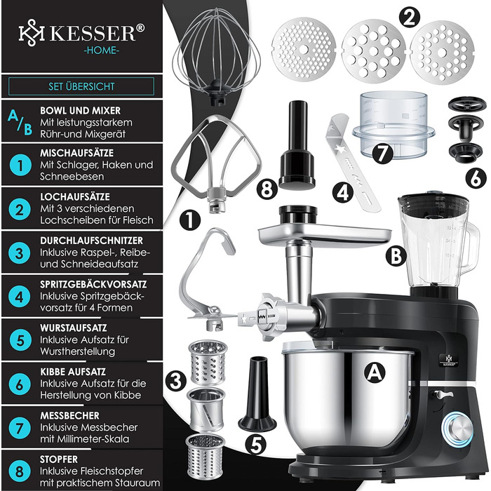 Кухонна машина KESSER 3 в 1 KM 3000 з м'ясорубкою, планетарний міксер, 5.5л чаша, набір насадок, для пасти та випічки, чорний