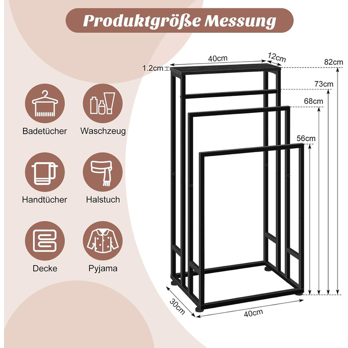 Підставка для рушників Smusei, чорна вінтажна, 3-ярусна, з полицею з дерева, 40x30x82 см