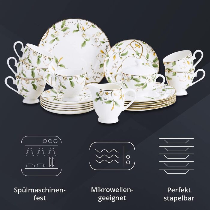 Кавовий сервіс на 6 осіб з Bon China порцеляни: 20-ти частинний набір посуду, білий з квітковим візерунком (6 тарілок, 6 чашок, 6 підставок)