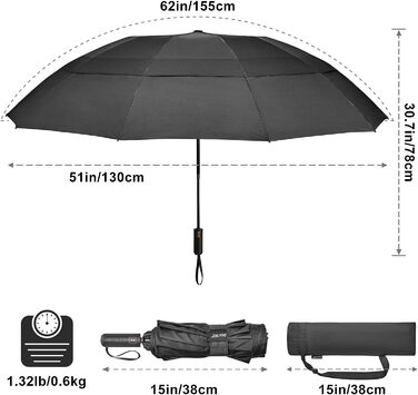 Дюймова парасолька Штормостійка кишенькова парасолька Велика кишенькова парасолька Складна парасолька Подвійний вентильований навіс Автоматичне відкриття Сильний вітрозахисний водонепроникний чорний, 4Free 62-