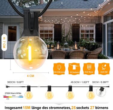 LED гірлянда на 15 метрів, тепле біле світло 2700K, 25+2 лампочки G40 E12, димер, для зовнішнього використання, сад, вечірка, тераса
