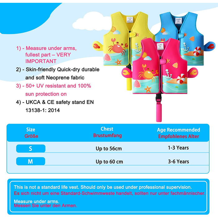 Рятувальний жилет з неопрену vveWin для дітей із захисною пряжкою, знімний поплавок для малюків у віці від 1 до 8 років, для дівчаток і хлопчиків, s жовтий-1