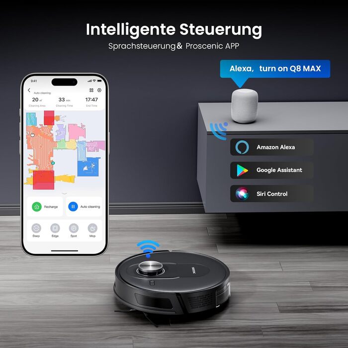 Робот-пилосос Proscenic Q8 Max+ з функцією миття, 8000Pa, 200хв, док-станція для самоочищення, 3л, лазерна навігація, керування через додаток, сумісність з Alexa, Google, Siri, чорний