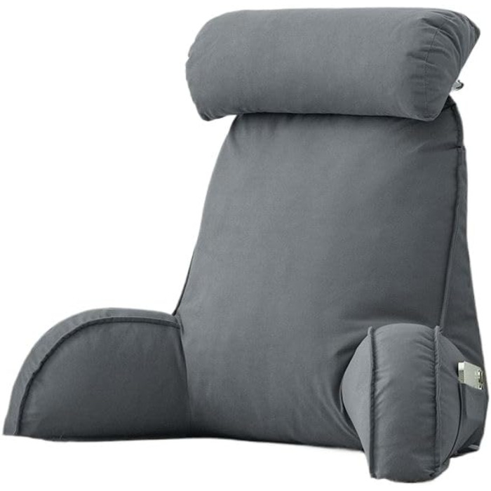 Подушка для читання з знімною підголовником та кишенею, подушка для ліжка з підлокітниками для підтримки попереку та шиї, ергономічна подушка для сидіння в ліжку, на дивані, в офісі (75 × 40 × 50 см) (Сірий)