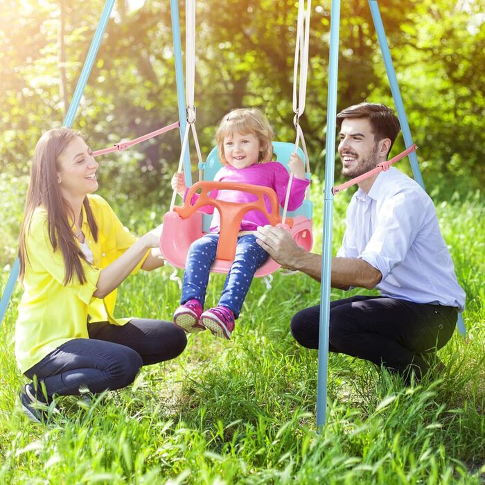 Дитяча гойдалка-шезлонґ 3-в-1 для дому та вулиці з металевим каркасом, рожева. Підходить для дітей від 6 місяців до 10 років