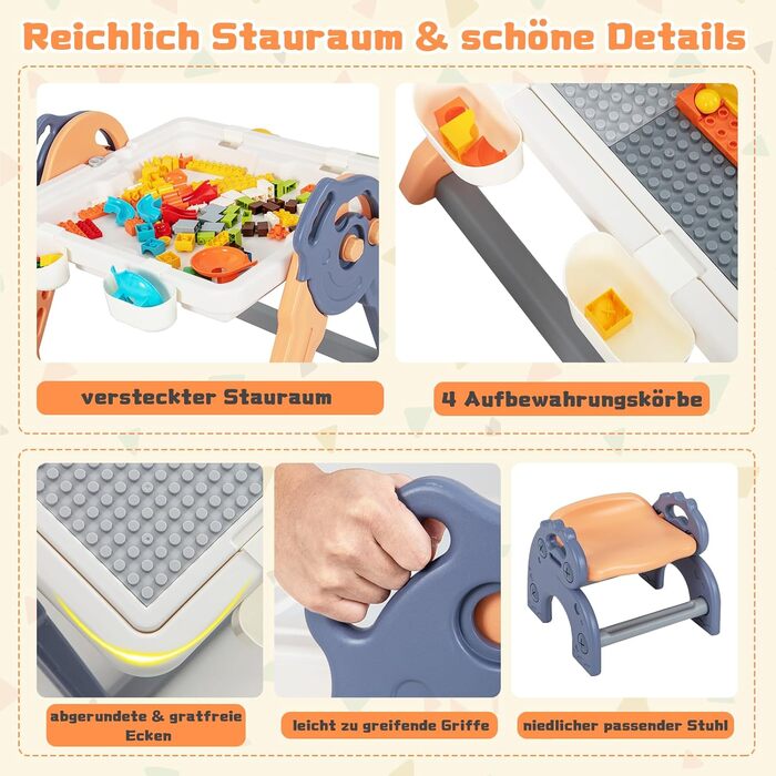 Набір DREAMADE 6-в-1 для дітей: стіл, стілець, дошка для малювання/конструктор, стіл з місцем для зберігання та 102 деталі. Для дітей від 3 років (Модель 1)