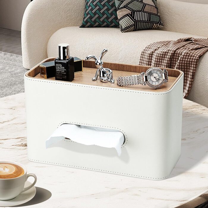 Скляниця для серветок GORESE з підносом, шкіряна, для офісу, дому, авто, ванної кімнати. Білий колір