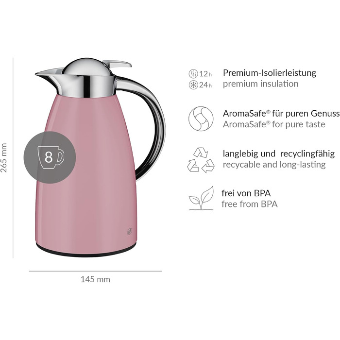 Термос Alfi SIGNO 1.0л, сатиновий сріблястий, з нержавіючої сталі з гігієнічним скляним вкладишем, кришкою з поворотним механізмом та зручною кнопкою, ергономічна ручка, для використання однією рукою, ідеальний для кави та чаю (Romantic Rose Mat)