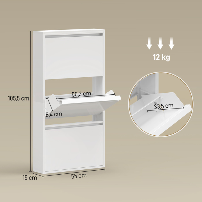 Металева шафа для взуття з 3 похилими полицями, вузька настінна шафа для 6 пар взуття, біла