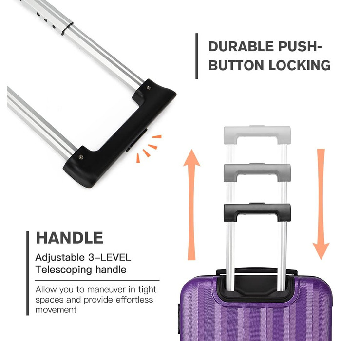 KONO Легкий ручний багаж, 55 x 35 x 20 см, жорсткий корпус, ABS, 4 колеса, ручна поклажа, валіза (фіолетовий)