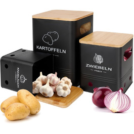 Набір контейнерів для зберігання картоплі, цибулі та часнику (3 шт) з бамбуковими кришками - Моз (Moz) - Чорний