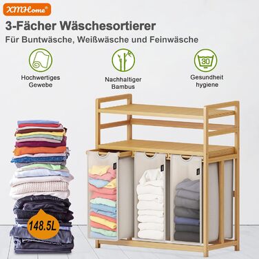 Бамбуковий сортер для білизни з 3 відділеннями, 148 літрів, 2 яруси, великий кошик для білизни з знімним мішком, прямокутна коробка для ванної, спальні та пральні, 77.5x41.3x100.5 см, бежевий (сірий)