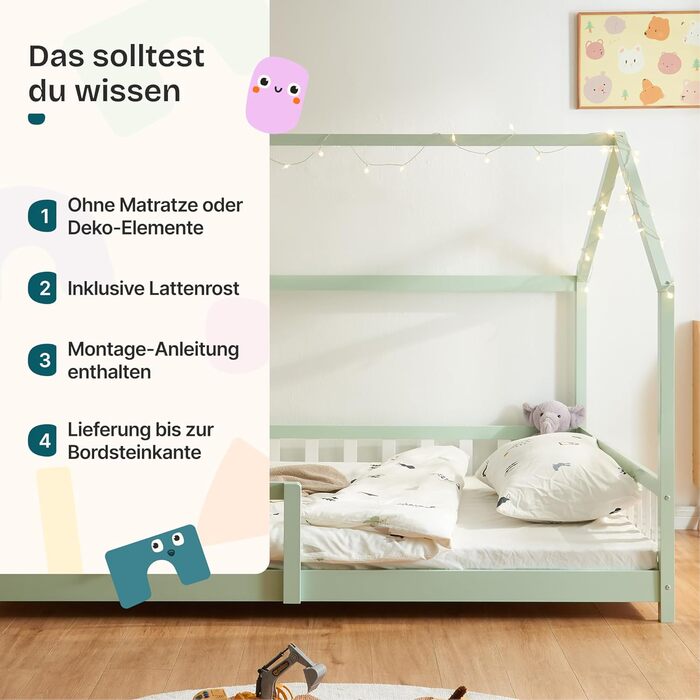 Ліжко дитяче en.casa Hesel для дітей, 90x200 см, біле, з бортиками та ламелями, Montessori, дерев'яне, для юніорів