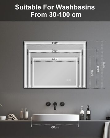 Дзеркало для ванної кімнати Habison з підсвічуванням LED, 50x70 см, сенсорне керування, регулювання яскравості, 3 колірні температури, функція пам'яті, антизапар, без Bluetooth