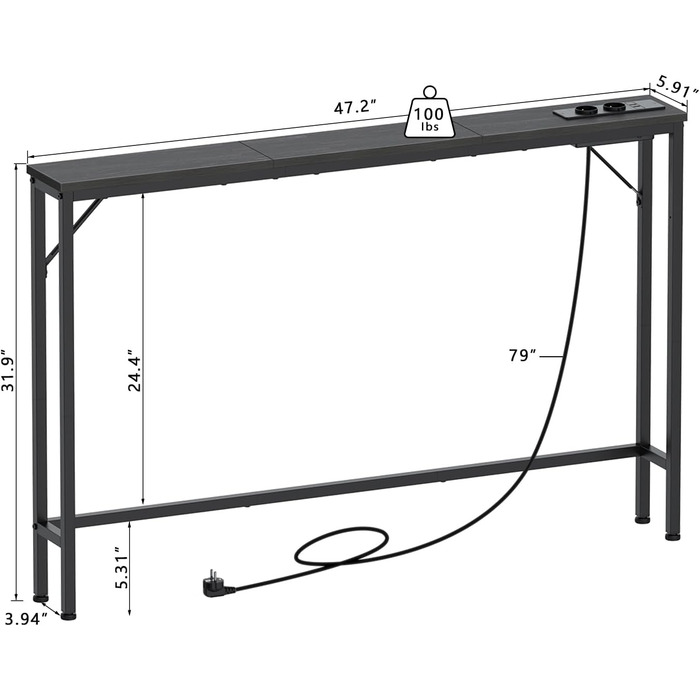 VEDECASA Консоль з 2 висувними ящиками, 2 шт. (240 x 15 x 80 см), зі стільницею, розеткою та USB-портами, чорний – для вітальні, передпокою, офісу