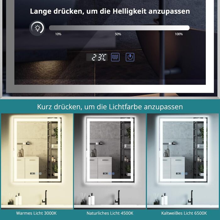 Дзеркало для ванної кімнати YOURLITE з підсвічуванням, 85x55 см, LED, сенсорне керування, 3 кольори світла, регулювання яскравості, антизапар, горизонтальне/вертикальне, IP44, білий (срібний, 80x60 см)