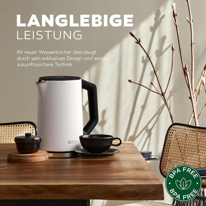 Електричний чайник BALTER з регулюванням температури, 40°C-100°C, подвійні стінки, без BPA, тихий та бездротовий, 1.5L, 2200W, білий