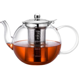 Чайник, Zpose 1200 мл з ситечком Термостійкий фільтр для насіння з нержавіючої сталі Ситечко для чаю, чайник з боросилікатного скла з кришкою для чайних квітів, розсипний чай і чайні пакетики (1200 мл-круглий)